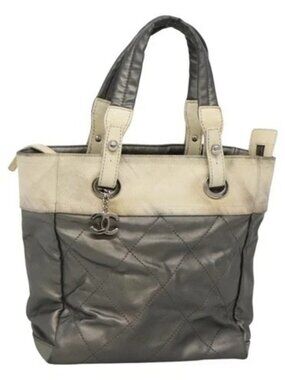 CHANEL Paris Biarritz PM Tote Bag Coated Canvas Silver CC Auth bs23887